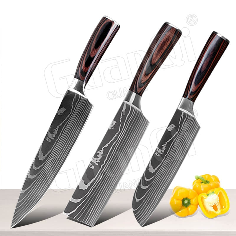 conjunto de facas de cozinha profissional cutelo afiado faca de corte cabo de madeira ferramenta de cozinha  laser 1-10 peças