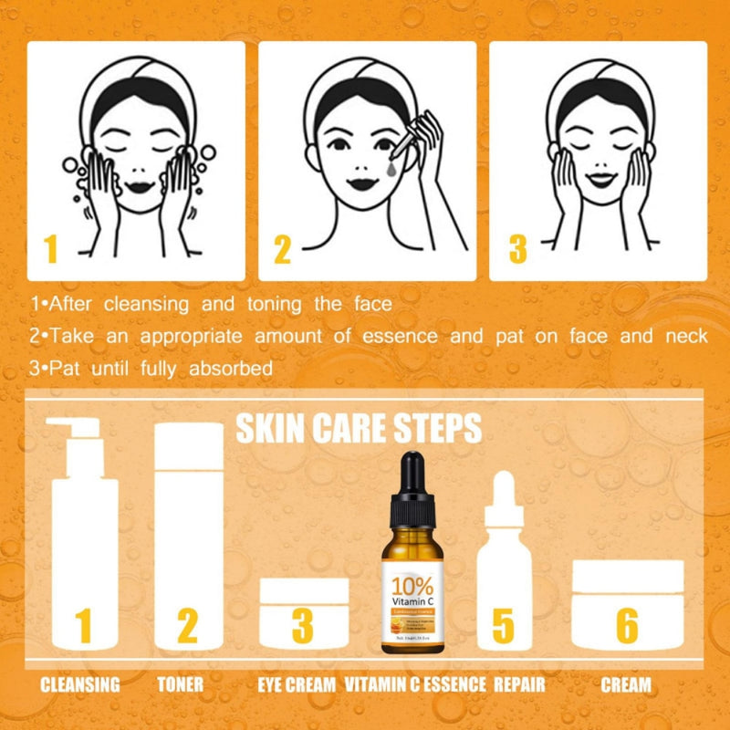 Serum de vitamina C clareamento facial Serum facial com acido hialuronico removedor de manchas escuras Cuidados com pele.