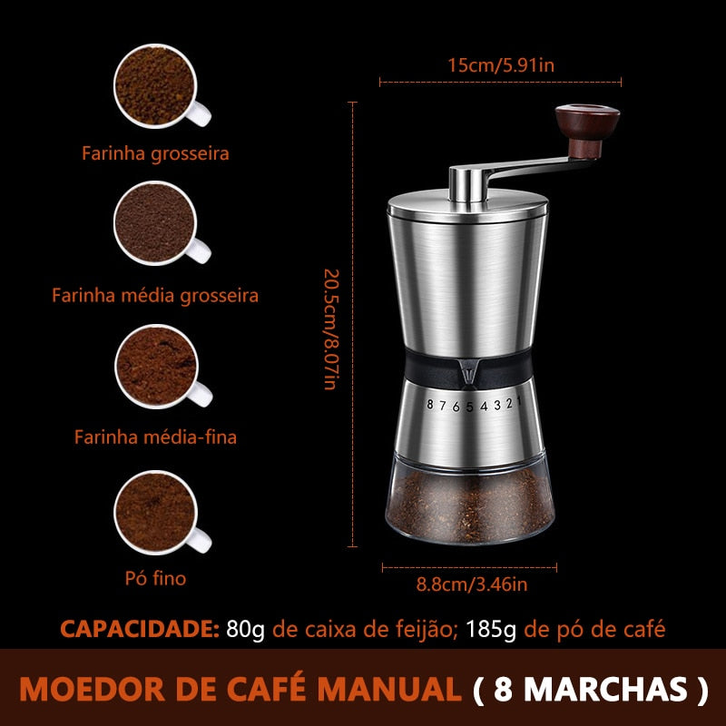 Moedor de cafe manual portatil domestico moedor de cafe manual rebarbas de ceramica 6\8 configuraçoes ajutaveis de manivela