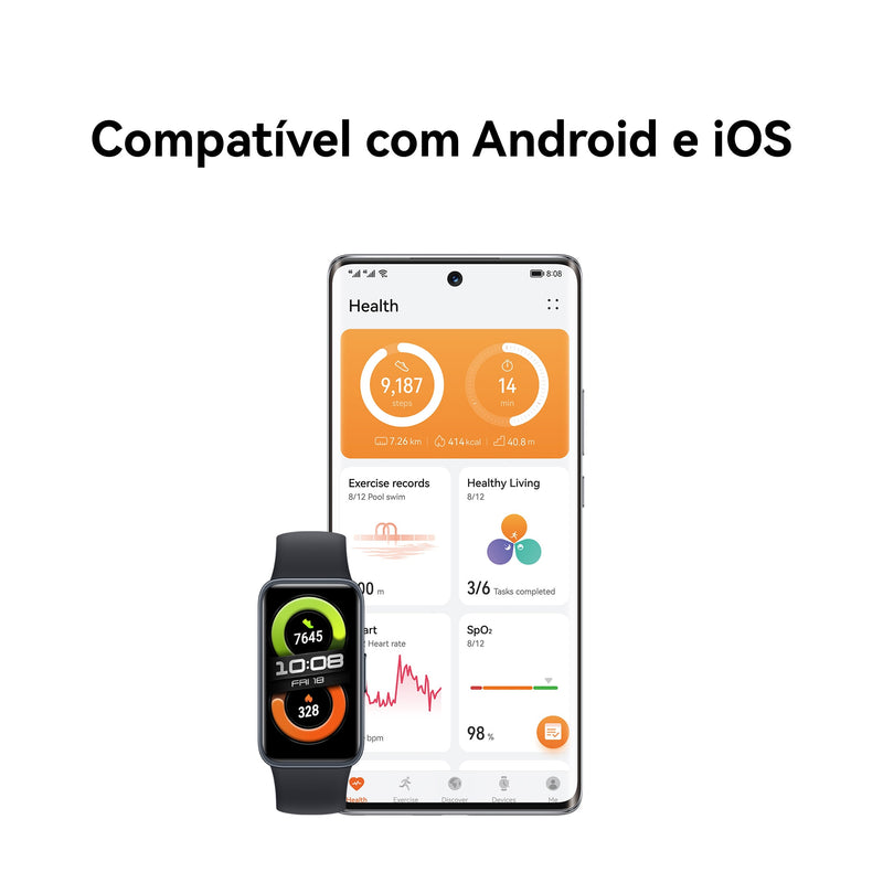 Banda inteligente HUAWEI Band 8, design ultrafino, bateria de 14 dias carregamento rapido, resposta rapido de feedback, compativel com IOS.