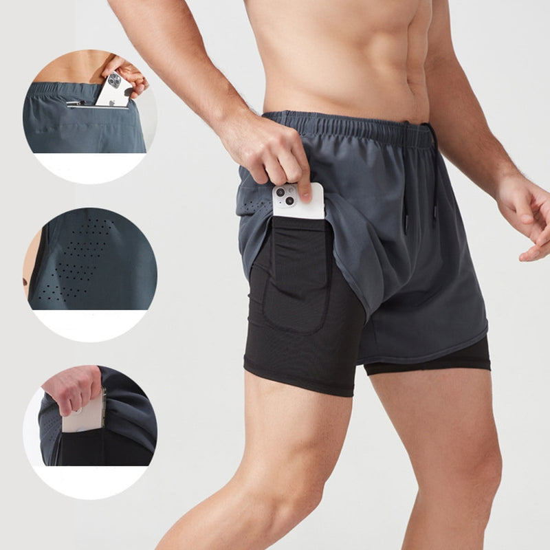 Calçoês esportivos masculino Roupas esportivas shorts de corrida de dois decks 2 em 1 Calças de praia de verão ginasio treinamento de fitness.