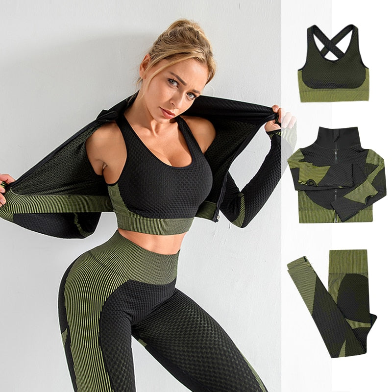 2\3 PÇS SEM COSTURA feminina conjunto de yoga treino roupas esportivas roupas de ginastica manga longa corte top leggings