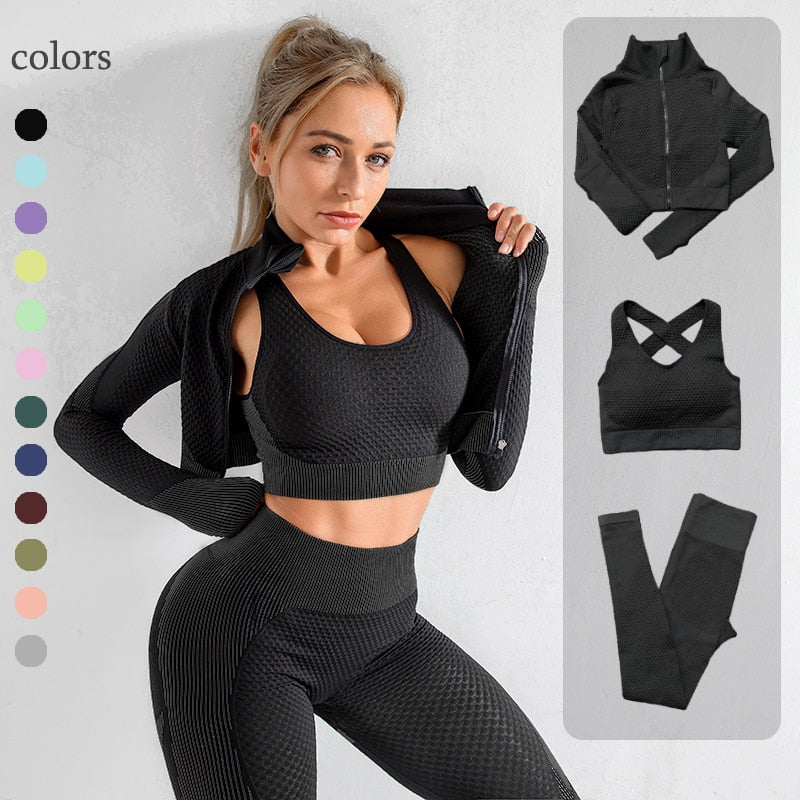 2\3 PÇS SEM COSTURA feminina conjunto de yoga treino roupas esportivas roupas de ginastica manga longa corte top leggings