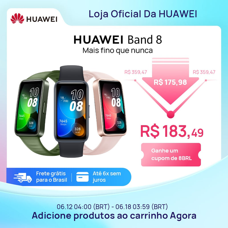 Banda inteligente HUAWEI Band 8, design ultrafino, bateria de 14 dias carregamento rapido, resposta rapido de feedback, compativel com IOS.